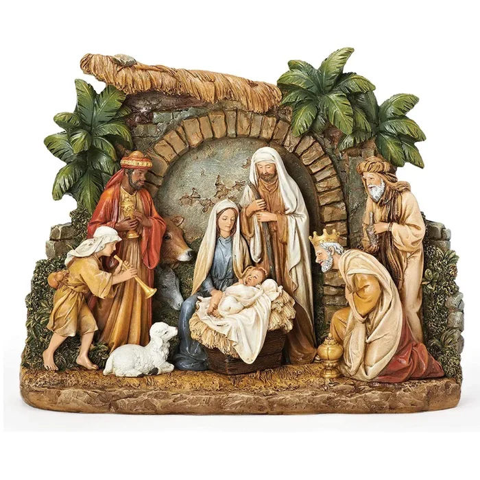 10.25″H Nativity Figure with Holy Family, Three Kings, Shepherd and Barn Animals