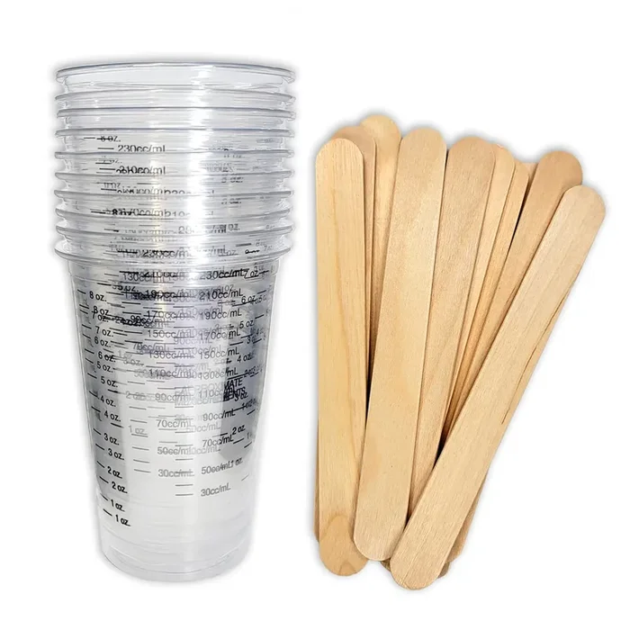 10 8oz Disposable Graduated Clear Plastic (PET) Cups and 10 6″ Wood Stir Sticks for Mixing Paint, Stain, Epoxy, Resin by NetSellsIt