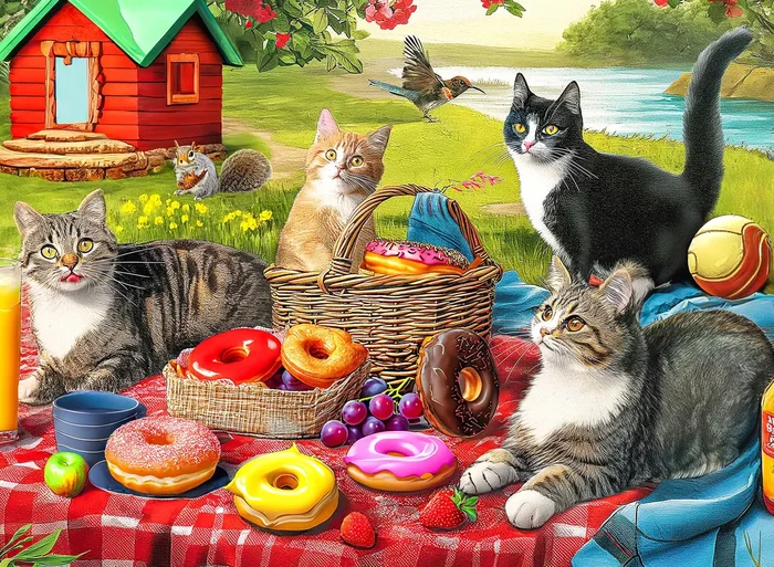 100 Pieces Jigsaw Puzzles for Adults – Cat Puzzles for Kids Ages 6-8 8-10 10-12 – Picnic Kittens and Donuts