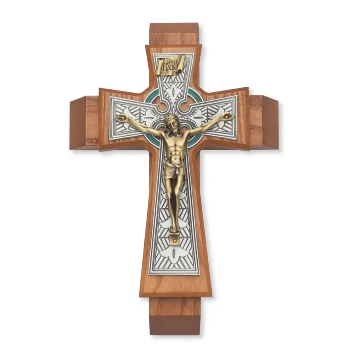 11″ Walnut Celtic Sick Call Crucifix Set Boxed