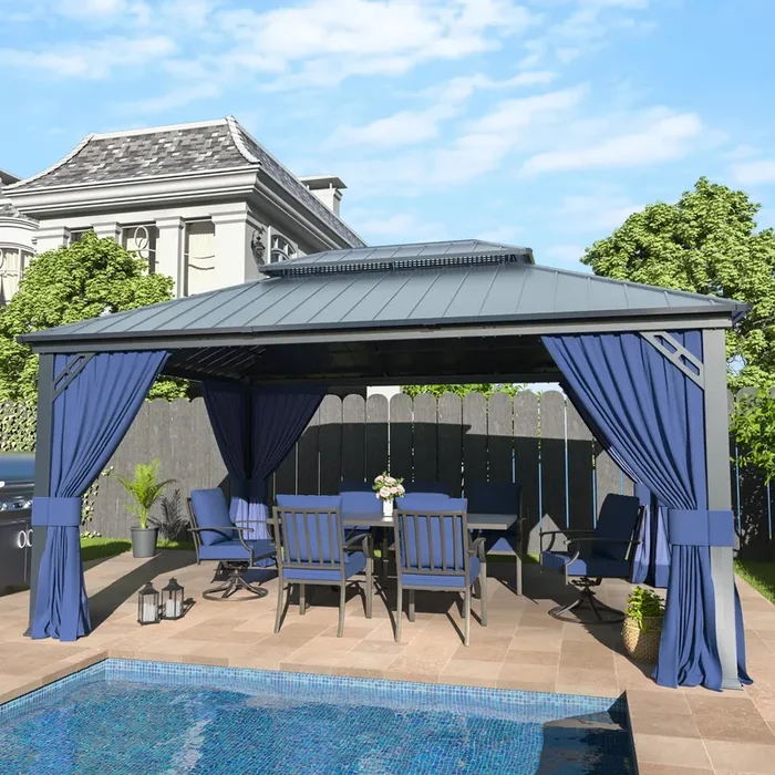 12′ x 16′ Hardtop Gazebo,Outdoor Galvanized Steel Metal Double Roof Gazebo with Curtains and Netting for Patios, Gardens, Lawns,Navy Blue