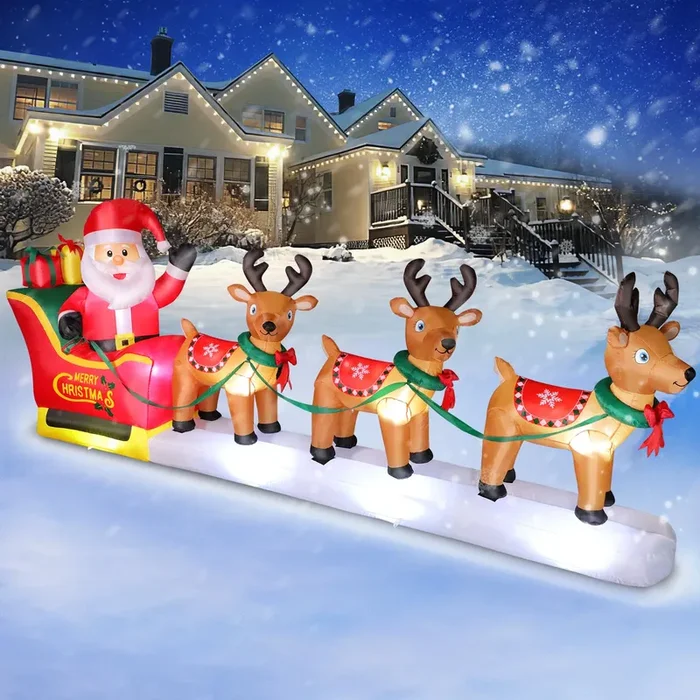 12 FT Christmas Inflatables Outdoor Decorations Santa Claus on Sleigh, Blow Up 3 Reindeers Pulling Santa’s Sleigh with Gift Boxes, Built in LED Lights for Christmas Party Decor, Yard, Garden Lawn