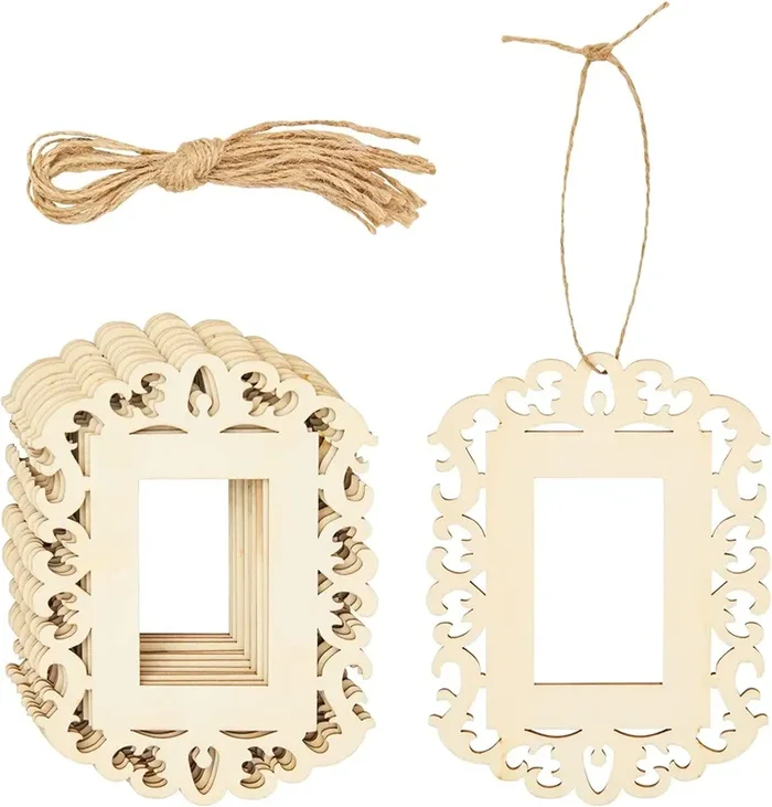12 Pack Unfinished Wooden Picture Frames for Crafts and DIY Ornaments for Christmas Tree, Includes Jute Rope (4.3 X 5.8 In)