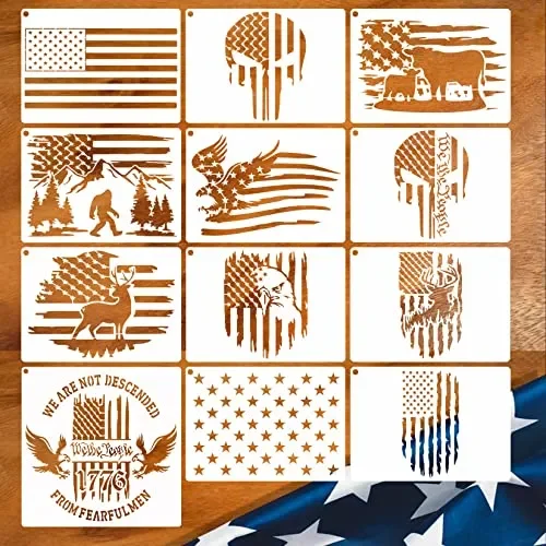 12pcs American Flag Stencil Star Stencils for Painting Union 50 Stars 1776 Military We The People Template for Flag Patriotic Wood Burning Stencils