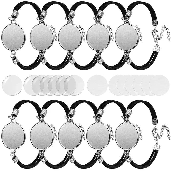 16 Pieces 20 mm Sublimation Bracelet Blanks Bezel Bracelet Tray Settings Faux Leather Base Tray Bangles with 16 Round Glass Cabochons and 16 Aluminum Sheets for Jewelry Making DIY Bracelets