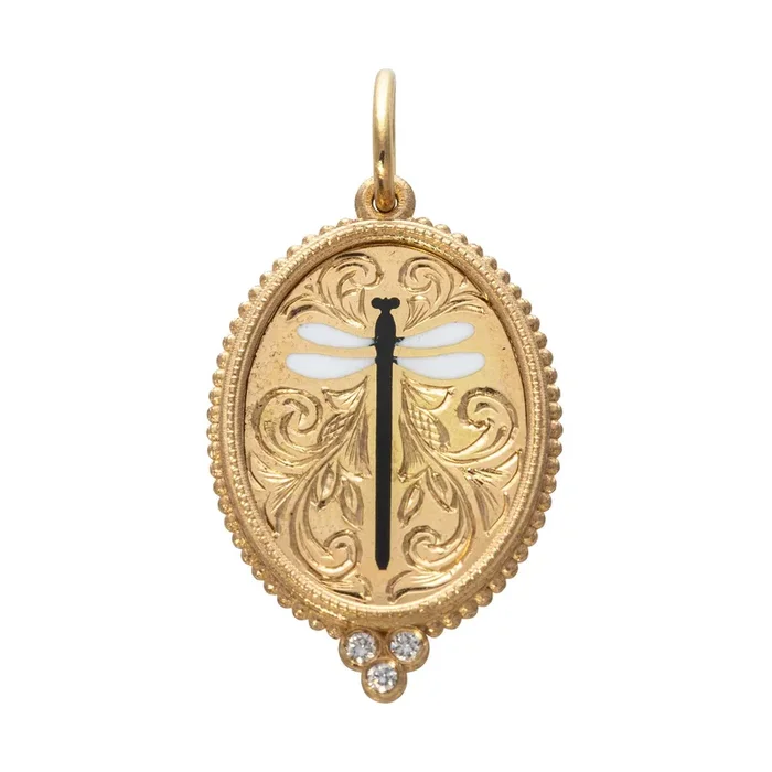 18K Gold Enamel Diamond Medium Oval Dragonfly Charm