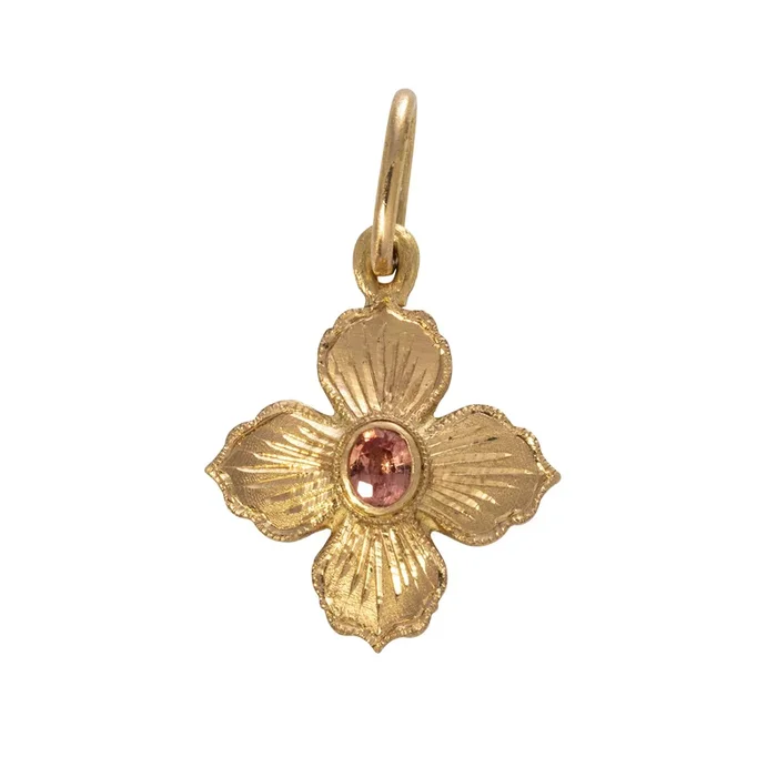 18K Gold Hand Engraved Pink Sapphire Flower Charm