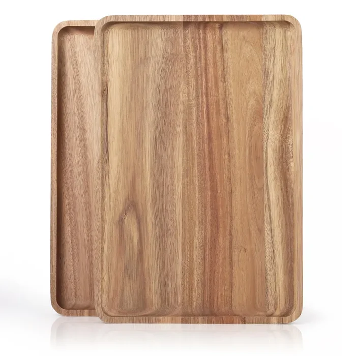 2 PCS Solid Acacia Wood Serving Trays Rectangular Wooden Serving Platters Natural Wooden Boards for Bar Coffee Party 13 * 9 inch （Wood Log Color）