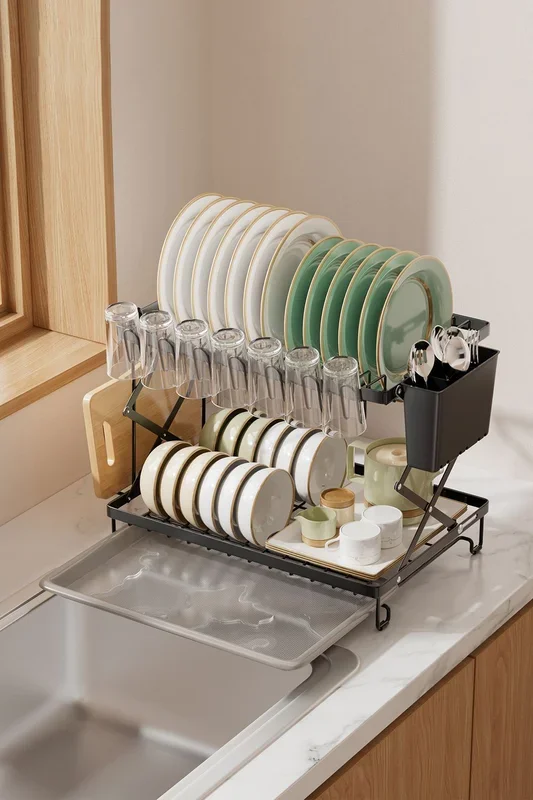 2-Tier Folding Dish Drying Rack Plate Cup Drainer with Detachable Drainboards & Kitchenware Holder