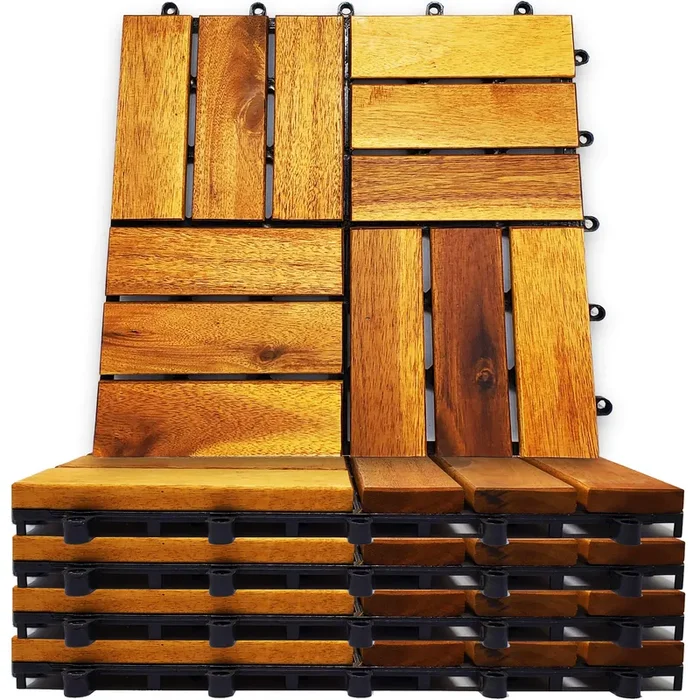 24 Pack Interlocking Deck Tiles – Snap Together Wood Flooring | 12 x 12 Acacia Hardwood Outdoor Flooring for Patio | Floor Decking Tile – Balcony