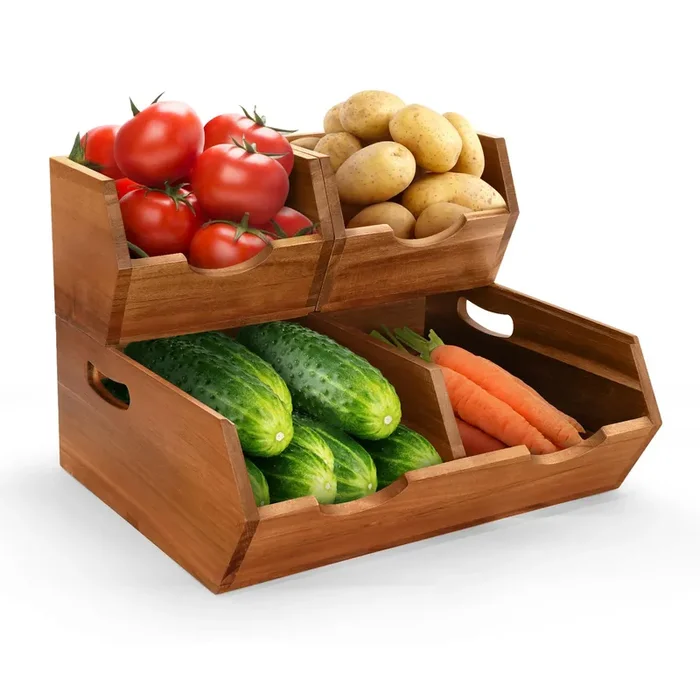 3 in 1 Acacia Wood Pantry Storage Bins for Kitchen(No installation Required)-Potato and Onion Storage Bins,2-tier Vegetable and Fruit Organizer with Anti-slip Mat,Stacking Bins for Kitchen & Pantry