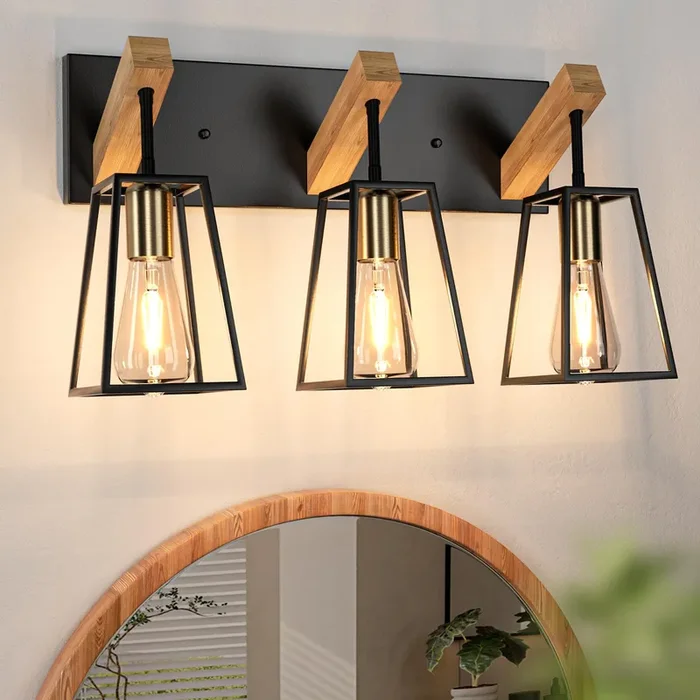 3 Light Bathroom Vanity Light – Wood Bathroom Lighting Fixtures Over Mirror Farmhouse Bathroom Vanity Light Fixtures Metal Cage Wall Sconce Black Wall Lamp for Hallway Bedroom