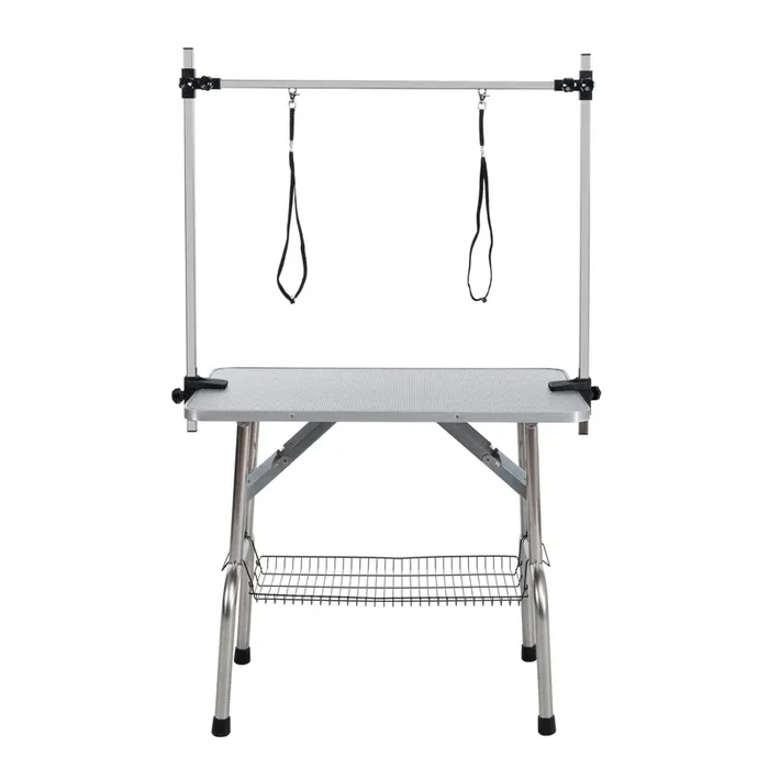 36″ Pet Dog Grooming Table, Foldable Stainless Steel Frame Pet Drying Grooming Table Up to 330lbs, Professional Bathing Desk for Dogs at Home with Adjustable Overhead Arms, Noose, Mesh Tray, Silvery