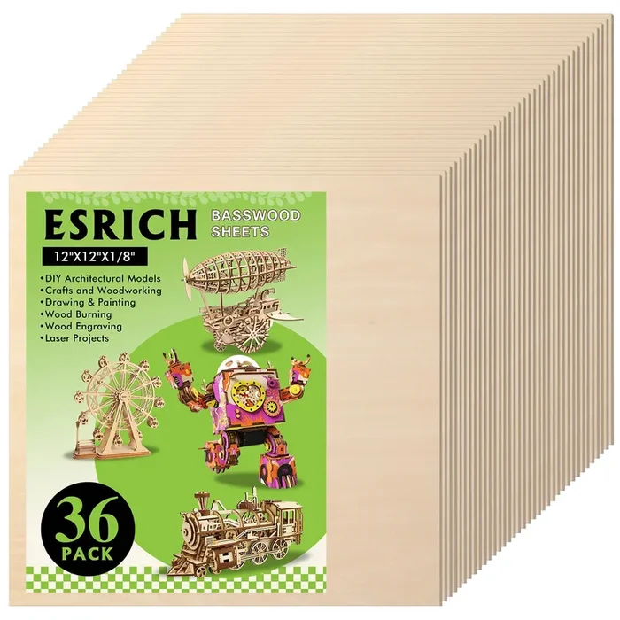 36 Pack Basswood Sheets 12x12x1/8 Inch for Crafts,Unfinished Wood for Laser Cutting & Engraving,Wood Burining,Plywood for Architectural Models.
