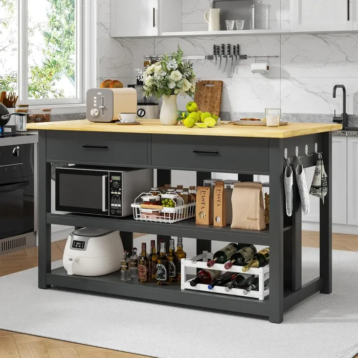 47.3″ Solid Rubberwood Kitchen Island with Power Outlets – Extra Large Work Surface, 2 Drawers & Open Shelves Storage Cabinet for Kitchen Dining Room, Farmhouse Style (Black)