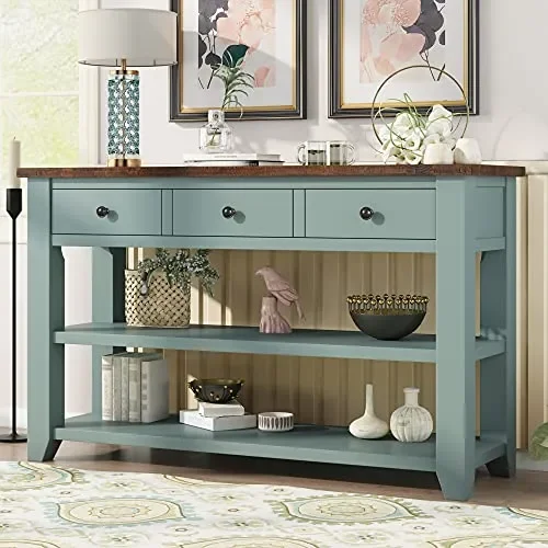 48” Solid Wood Console Table, Modern Entryway Sofa Side Table with 3 Storage Drawers and 2 Shelves. Easy to Assemble (Green)