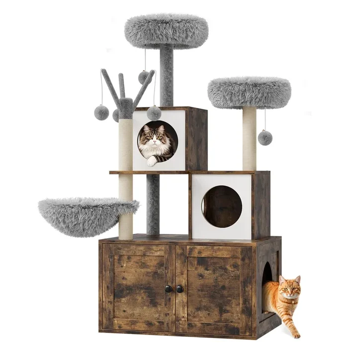 57.5-Inch Cat Tree with Litter Box Enclosure 2-in-1 Modern Cat Tower with Cat Condo/Hammock/Scratching Post/Plush Perch/Removable Pompom Sticks/Caves, Wooden Hidden Litter Box Furniture, Oak Brown