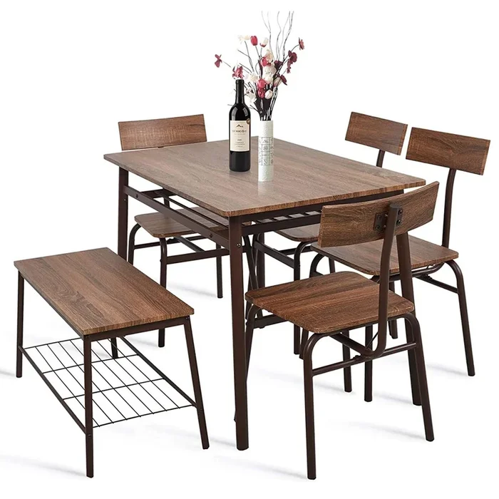 6 Piece Dining Table Set, 1 Dining Table 43.3″ for 4-6 with 4 Dining Chairs and 1 Bench Compact Wooden Dinette, Wood Backrest