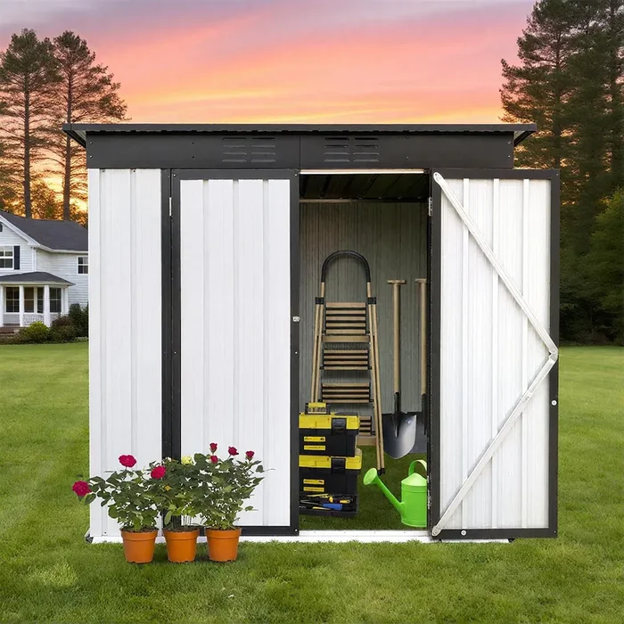6 x 4 FT Outdoor Storage Shed, Metal Garden Tool Shed with Slooping Roof, Lockable Doors and Aluminum Frames, Easy to Assemble for Garden, Patio, Lawn, White