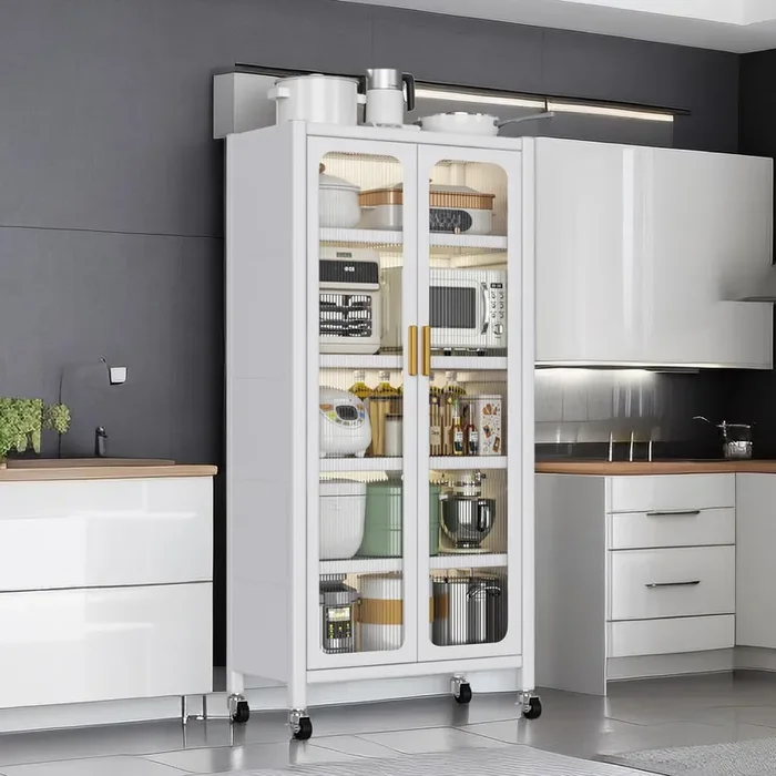 67.3″ Kitchen Pantry Storage Cabinet,Display Storage Cabinet with Acrylic Glass Doors, Adjustable Shelves & Wheels,Metal Tall Food Pantries Cabinets,for Kitchen, Living Room and Dining Room, White