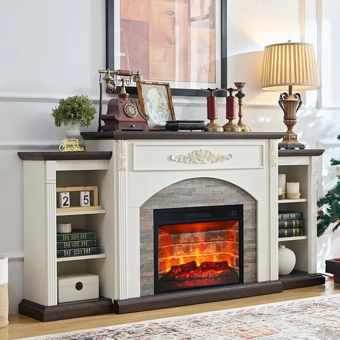 72″ Electric Fireplace with Mantel, Farmhouse TV Stand for TVs Up to 80 Inch, White Entertainment Center with Storage for Bedroom,23” Red Brick Fireplace Insert Heater with LED Flame for Living Room