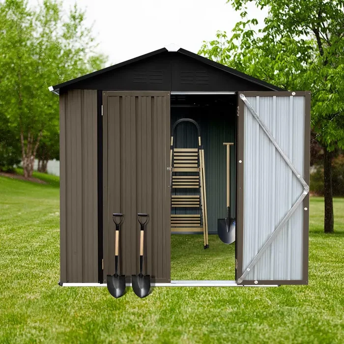 73” Outdoor Storage Cabinet with Lockable Door, 4FTx6FT Metal Storage Shed for Patio Garden, Apex Roof, Easy Assembly (Brown)