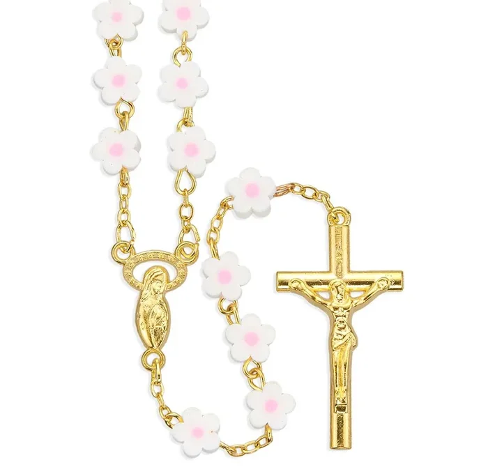 7mm White and Pink Flower Fima Rosary