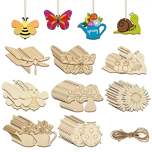 80PCS Wooden Spring Ornaments to Paint, 8 Styles DIY Blank Unfinished Wood Cutouts Ornament for Home Crafts Hanging Decorations, Insect Dragonfly