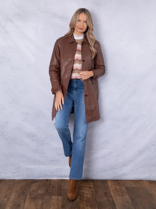 ‘Marton’ Longline Button Down Leather Coat