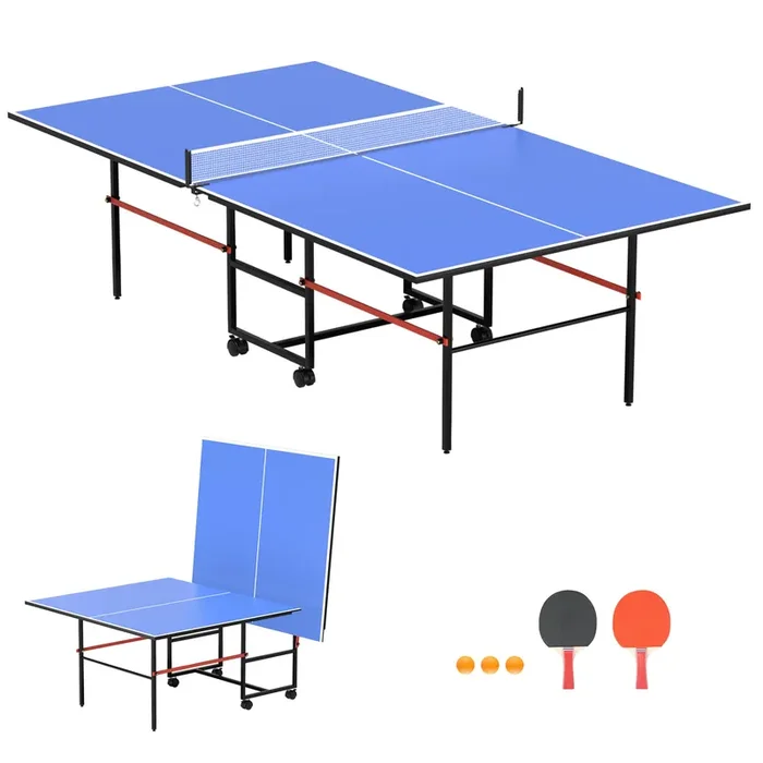 8FT Mid-Size Table Tennis Table, Professional Foldable Ping Pong Table for Indoor & Outdoor with Net, 2 Table Tennis Paddles and 3 Balls – Perfect for Family Game Rooms