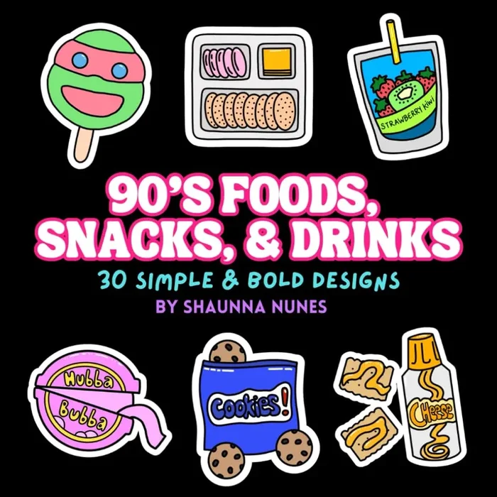 90’s Foods, Snacks, & Drinks Coloring Book: 30 Simple and Bold Designs