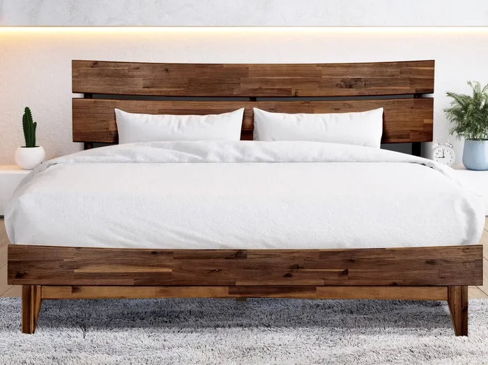 Acacia Aurora King Wooden Bed Frame with Headboard – Durable Solid Wood Platform Bed with Support Slats, 14 Inch Profile, Chocolate Finish