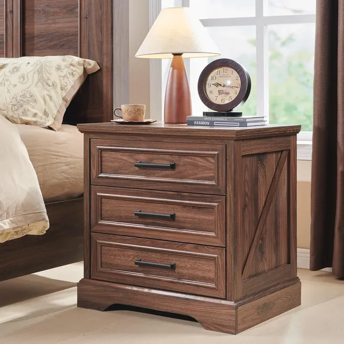 ACCOHOHO Farmhouse Nightstand with Charging Station, 24 Inch Wide End Table with 3 Large Drawers & Bar Handles, Rustic Wood Small Dresser Chest of Drawers for Bedroom, Living Room, Closet, Brown