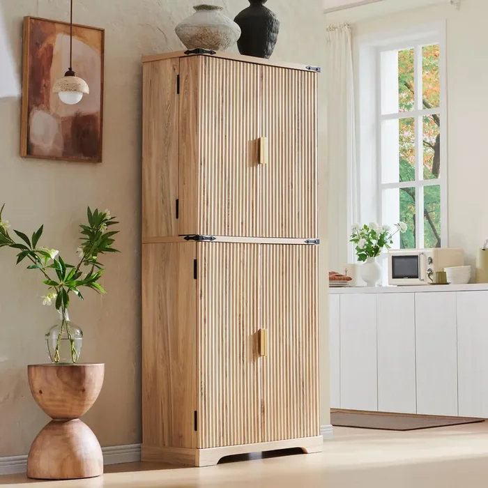 ACCOHOHO Fluted Pantry Cabinet, 72″ Tall Modern Storage Cabinet with 4 Doors, Organizer, Drawer and Adjustable Shelves, Wood Cupboard for Kitchen, Dining Room, Living Room and Bathroom, Natural Oak