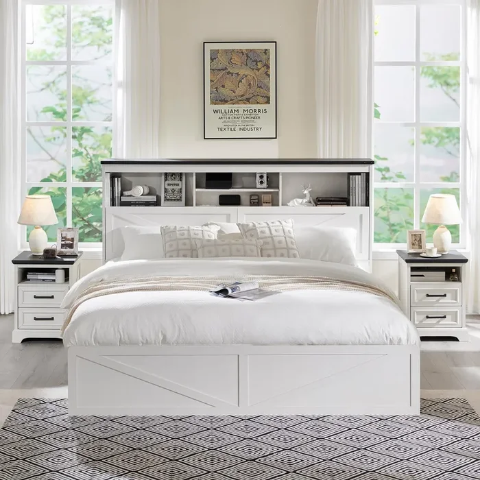 ACCOHOHO Luxury White King Size Farmhouse Wood Bed Frame with 52″ Storage Headboard, LED Light, Charging Station & 4 Drawers
