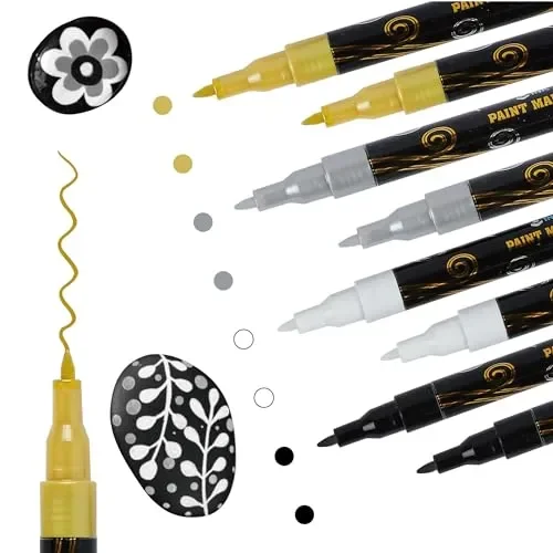 Acrylic Paint Pens White Paint Markers Metallic for Rock Fabric Wood Glass Canvas Ceramic, 5 White 4 Black 3 Gold & 3 Silver, Water Based Ink