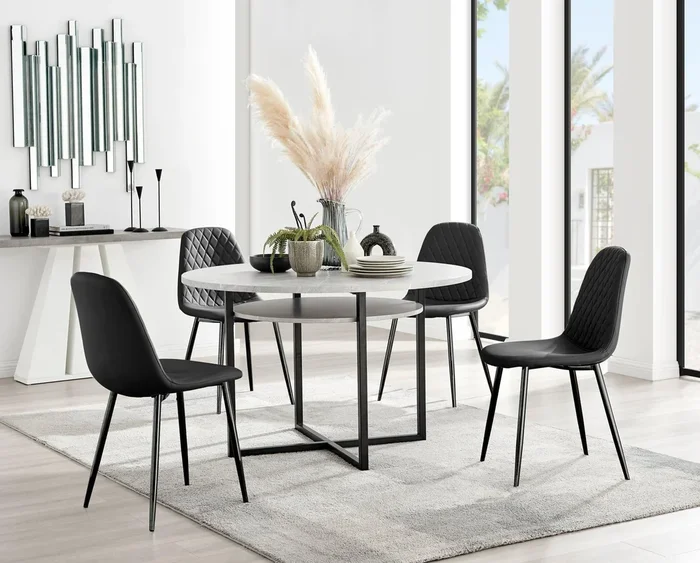 Adley Grey Concrete Effect And Black Round Dining Table with Shelf and 4 Faux Leather Corona Dining Chairs