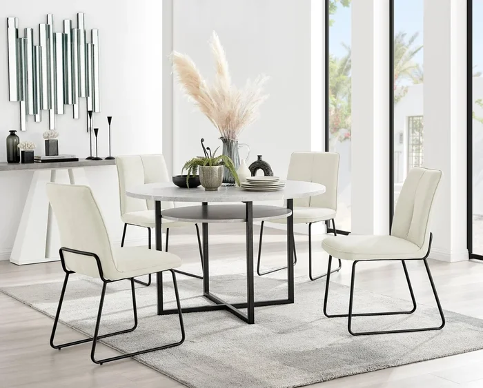 Adley Grey Concrete Effect Round Dining Table & 4 Halleyy Fabric Chairs