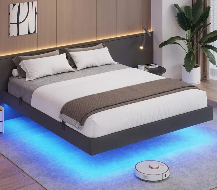 ADORNEVE Full Size Floating Bed Frame with LED Lighting, Linen Upholstered Platform and Underbed Storage, Heavy-Duty Steel Support