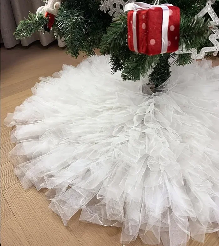 AISENO 48 Inch Fluffy Tulle Christmas Tree Skirt, Elegant Vintage Design, Christmas Tree Decorations White