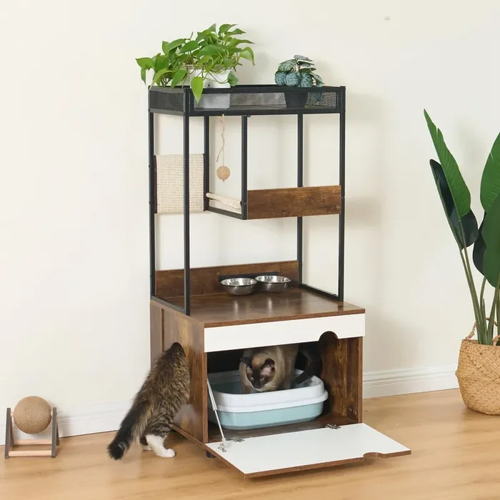 Aisurun Cat Litter Box Enclosure Cat House Cat Washroom Furniture Cat Cabinet with Storage Shelf, Cat Tree Tower, White+Vintage