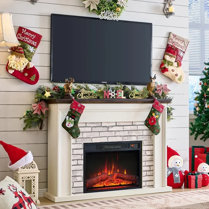 Aitjunz 45″ Flip Top Electric Fireplace with Mantel, Electric Fireplace Heater, TV Stand with Freestanding Electric Fireplace, Remote Control, Adjustable Flame Level for Living Room (White)