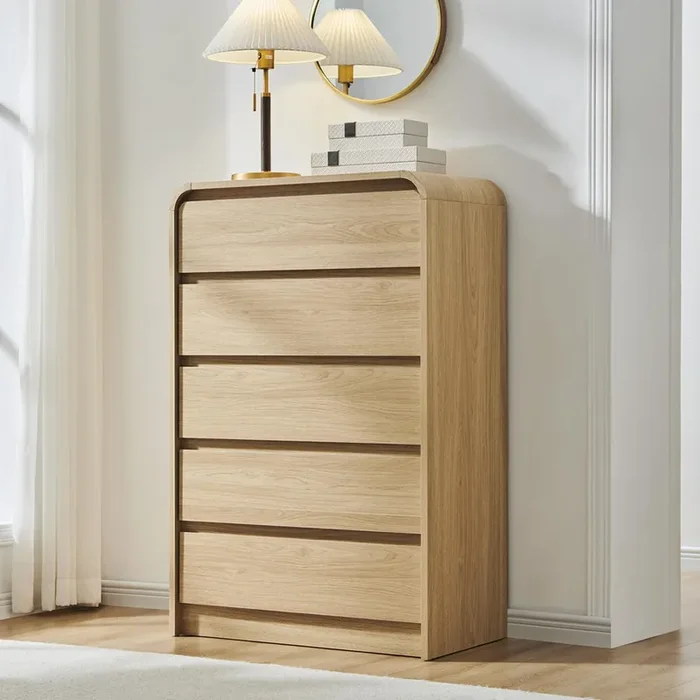 Aitjunz Modern 5 Drawers Dresser for Bedroom, 45″ Tall Dressers & Chests of Drawers w/Curved Profile Design, Wood Mid Century Vertical Dresser w/Natural Texture for Bedroom, Living Room, Natural Oak