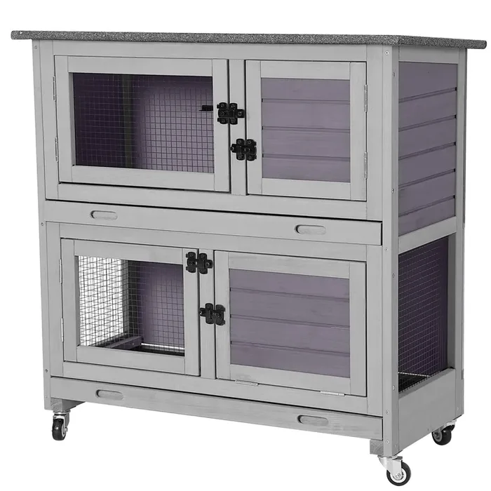 Aivituvin 36″ Rabbit Hutch Bunny Cage Indoor Outdoor Guinea Pig Cage 2 Story Wth 2 Tray, Trap Door, Wheels