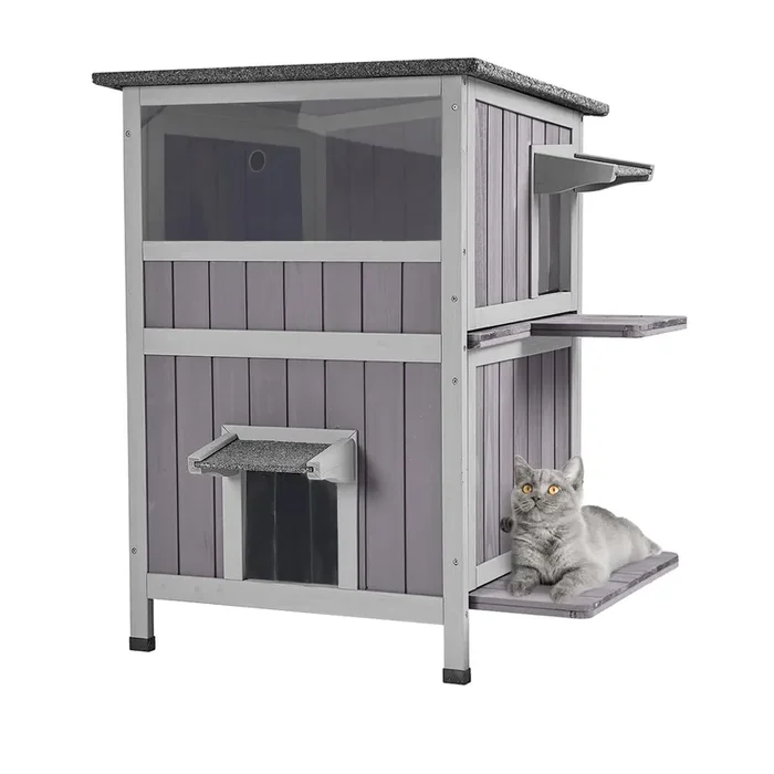 Aivituvin Outdoor Cat House,Two-Story Feral Cat Shelter,Wooden Cat Condos,Weatherproof Cat Enclosure for Winter with Escape Doors