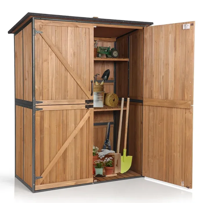 Aivituvin Storage Shed Outdoor Storage Cabinet Upgraded with All Arounded Metal Frame, Wooden Floor and Adjustable Shevels 55″ L x 29″ W x 67″ H, Brown