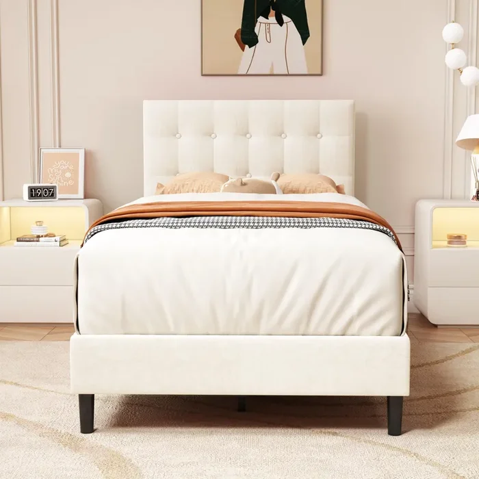 alazyhome Twin Size Upholstered Platform Bed Frame with Button Tufted Velvet Headboard Wood Slat Support Easy Assembly No Box Spring Needed Beige