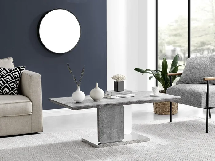 Alba Stone Effect White Gloss & Chrome Coffee Table – Minimalist Modern Design – Grey White & Silver Metal Coffee Table