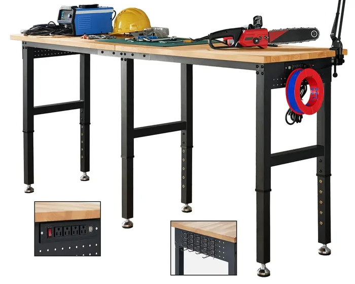 Albott 84×24” Adjustable Workbench 28.7-38.6″ Height, Rubber Wood Top Heavy Duty Workbench with Power Outlets & Hooks, 5000 LB Capacity Workbench for Garage, Workshop, Home & Office
