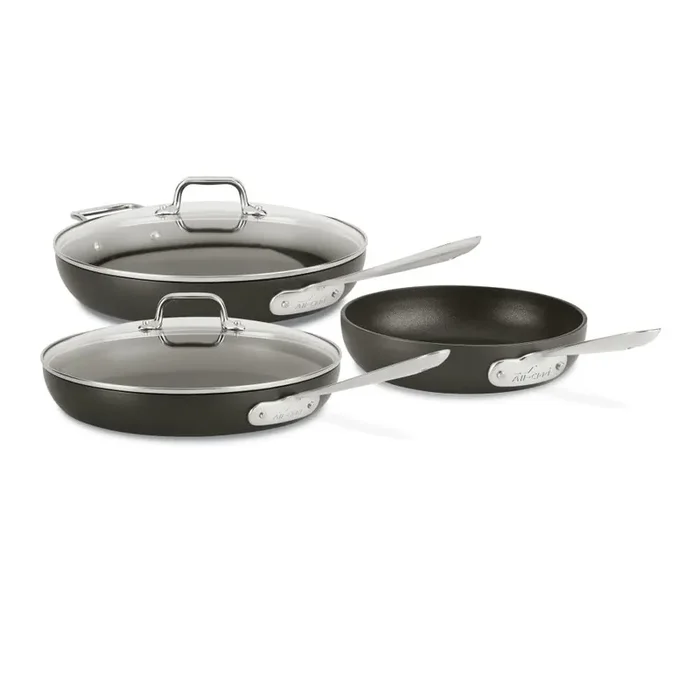 All-Clad HA1 Hard Anodized Non Stick Fry Pan Set 3 Piece, 8, 10, 12 Inch Frying Pans w/ Lid, Induction, Oven Broiler Safe 500F, Lid Safe 350F, Skillets, Pots and Pans Set Non Stick, Cookware, Black